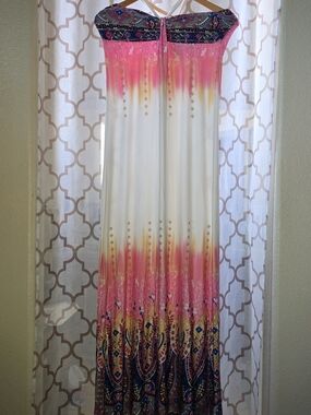 Koko Beach Boho Ombre Strapless Maxi Dress in Pink and White